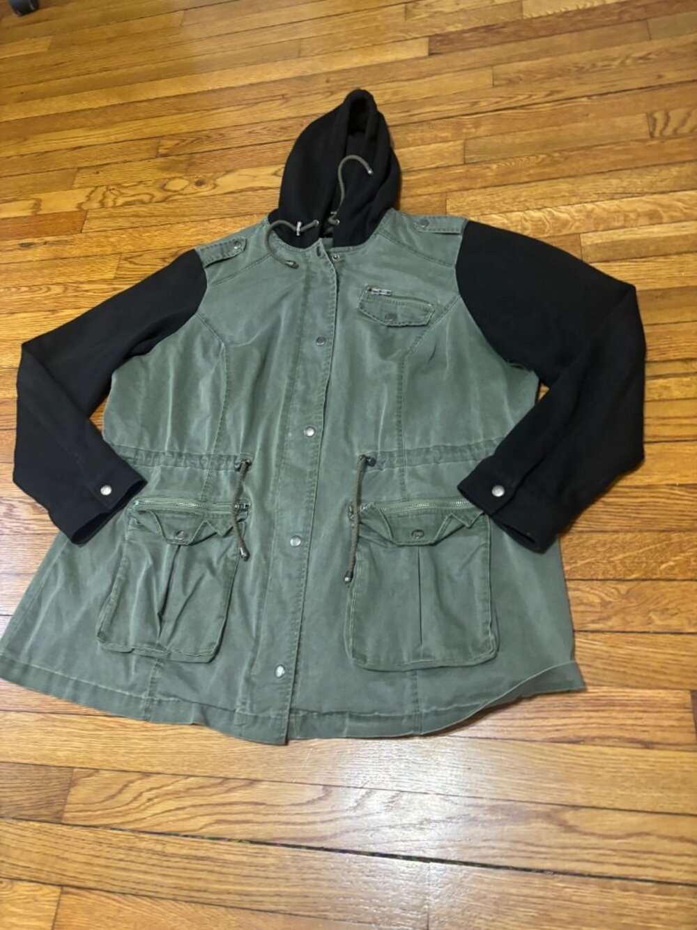 Torrid Womens Utility Jacket Plus Sz 2X Army Green w/ Black Hooded & Knit Arms - Picture 2 of 8